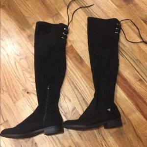 Guess over knee, lace-up, black, suede-like boots.